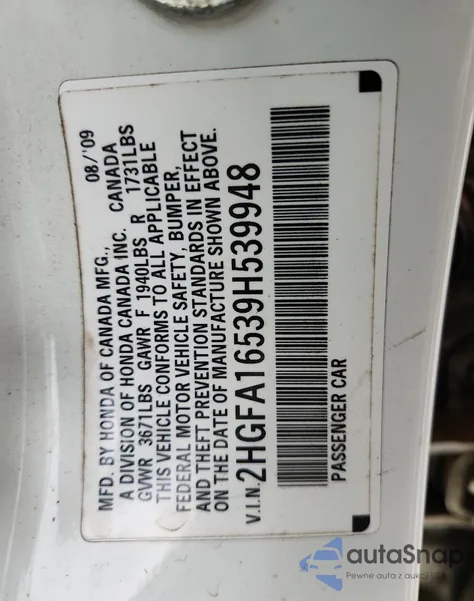 2009 Honda Civic Lx z USA, uszkodzony, nr VIN 2HGFA16539H539948